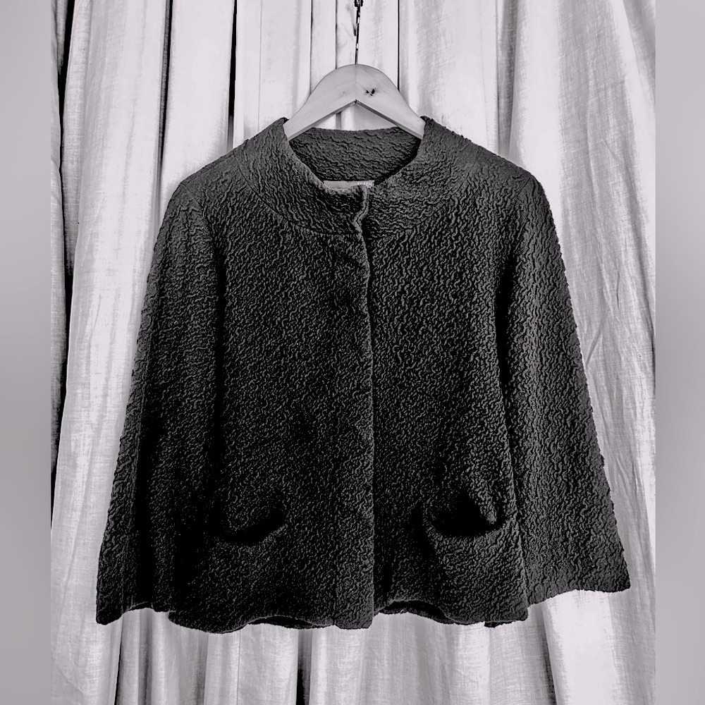 EILEEN FISHER Cozy Cotton Mandarin Collar Sweater/Jacket/Cape. Slate Grey/Black